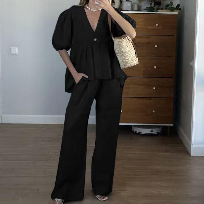 

Женский комплект брюк на весну и лето, праздничный комплект из хлопка, однотонные наряды с V-образным вырезом, комплект из 2 предметов для женщин S чёрный