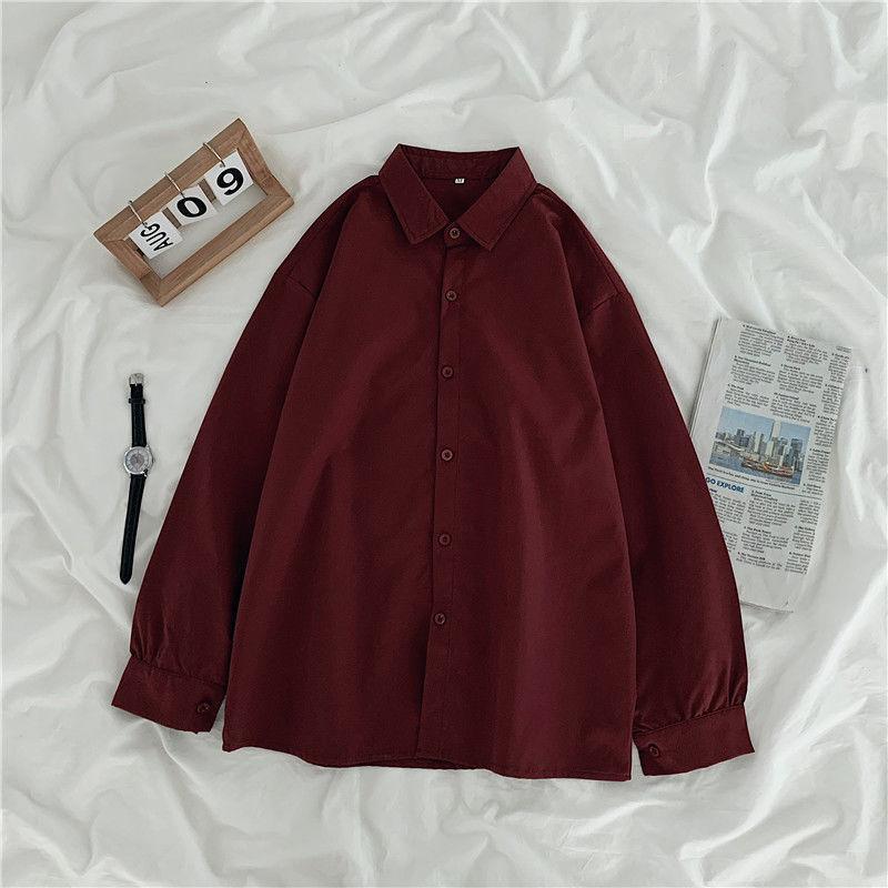 

Базовые рубашки женские простые новые корейские модные однотонные студенческие универсальные повседневные рубашки M темно-красного