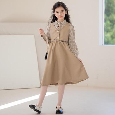 Hahnentritt Mädchen Faux Zweiteiler Kleid - 2025 Herbst College Stil für Kinder