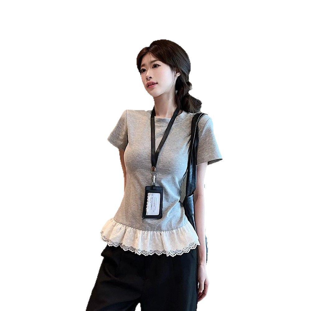 Gentle and Sweet Girl Style Design Sense Lace Splicing Short-sleeved T-shirt Women's Summer Slim and Thin Student Tops Trendy