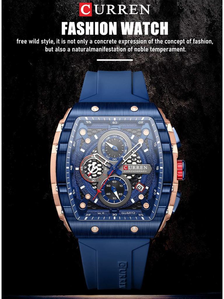 CURREN 8442 Men's Multifunctional Waterproof Quartz Watch with Calendar and Rubber Strap