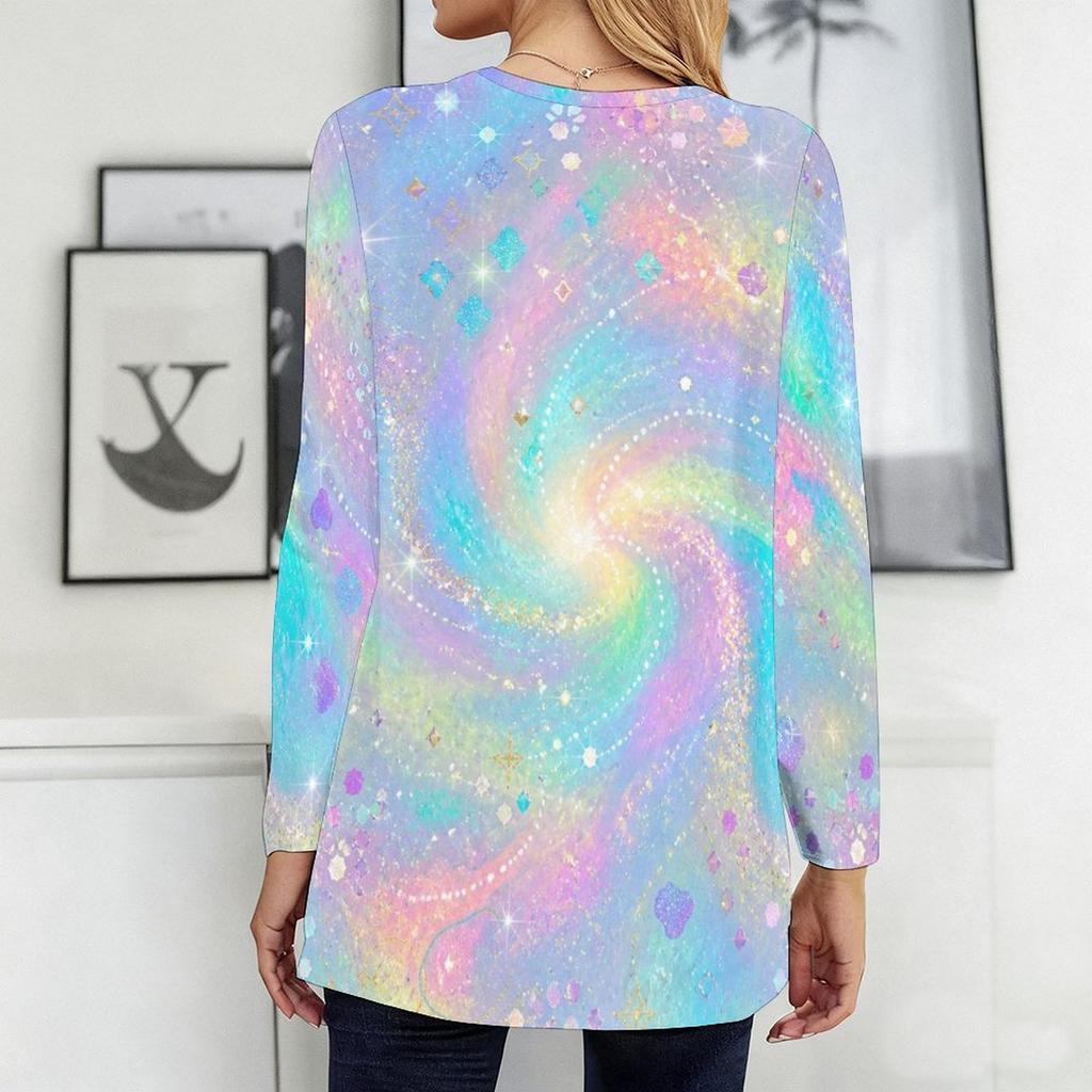 Women Plus Size Round Neck Long Sleeve Black Multicolor Printed Loose Longline T Shirt With Pockets
