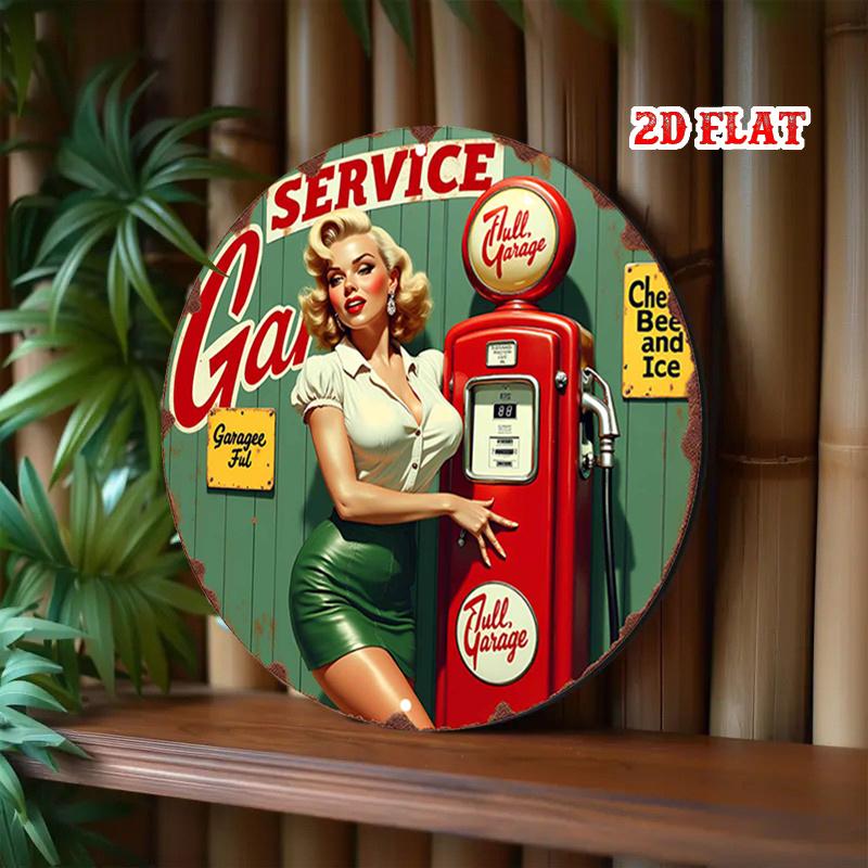 Vintage Pin-Up Girl Gas Pump Round Aluminum Sign