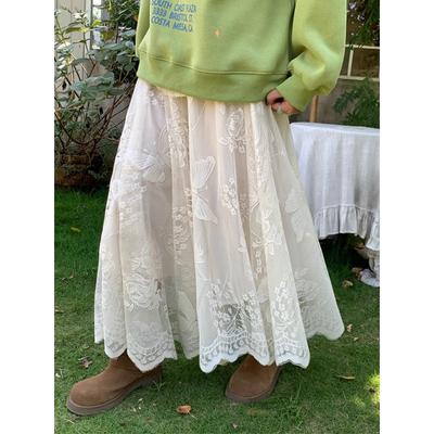 DIMANAF 2025 Summer Women New White Skirts Vintage Elastic Pleated Elegant  Long Skirts Lace High Waist