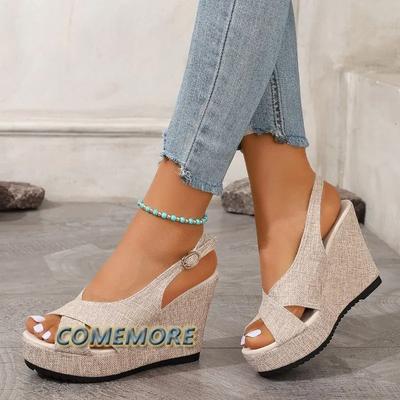 2024 New Women's Ankle Buckle Wedge Heels Sandals Female Fashion Outdoor Summer Denim Sandals Comfortable Thick Sole Round Head
