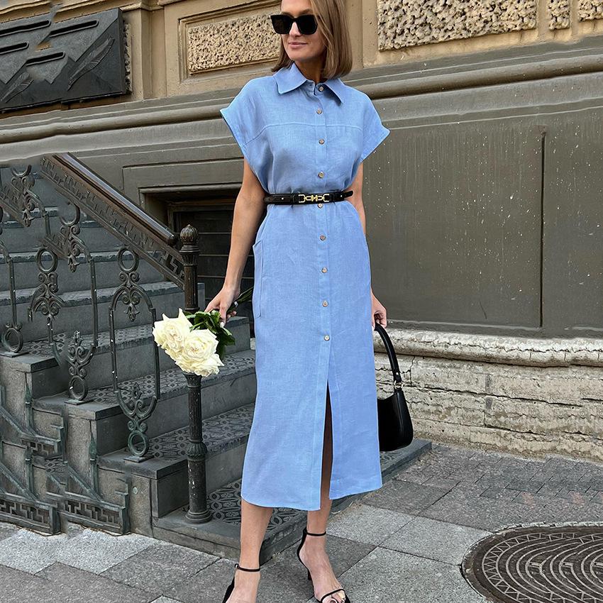 Elegant High Waist Sleeveless Cotton Linen Summer Dress with Turn-Down Collar