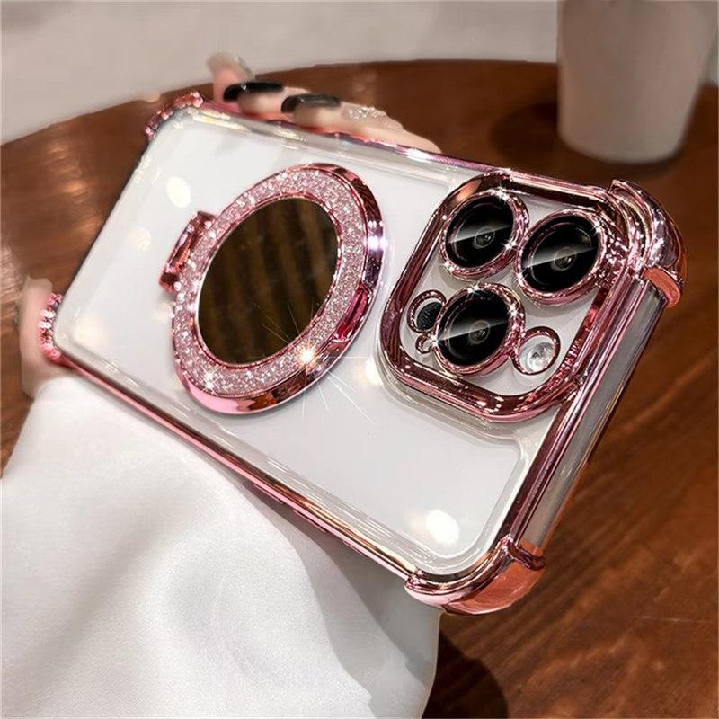 Luxury Glitter Makeup Mirror For Magsafe Magnetic Bracket Case For iPhone 16 15 12 13 11 14 Pro Max Plus XS Plating Holder Cover