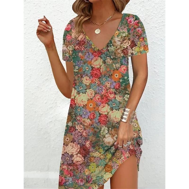 Mode Übergröße Kleid Lässig Locker V-Ausschnitt Damen Sommer Print Party Damen Neu Sommer Pullover Kurzarm Kleid
