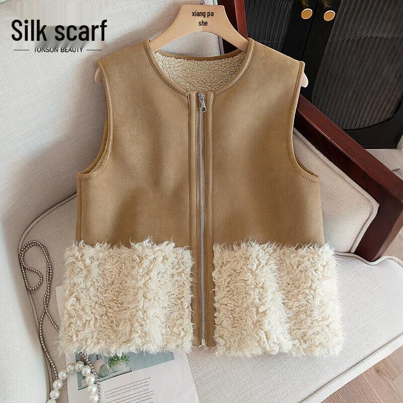 

Женский элегантный плюшевый жилет с круглым вырезом и цветными блоками One Size