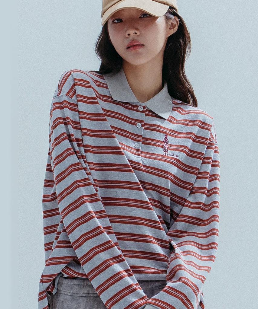 ANNEHEARTS Wide Stripe Collar Polo Tee_Gray