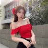 Red Square Neck Small Flying Sleeves Slim and Thin T-shirt Summer New French Sweet Spice Girl Short Top Trendy