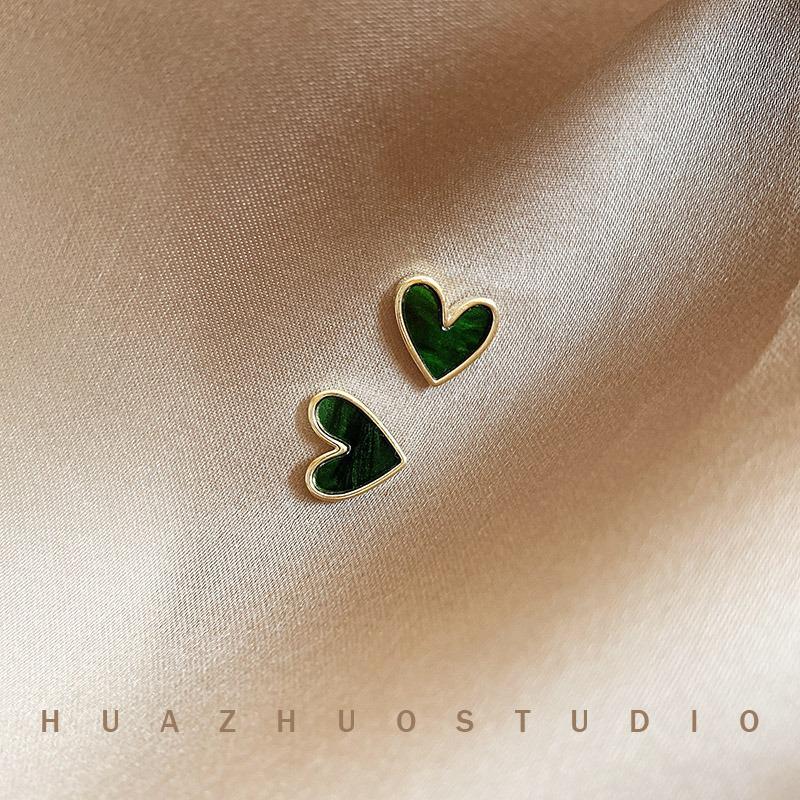S925 Silver Needle Dark Green Heart Earrings - Korean Retro Style Women's Jewelry 2024