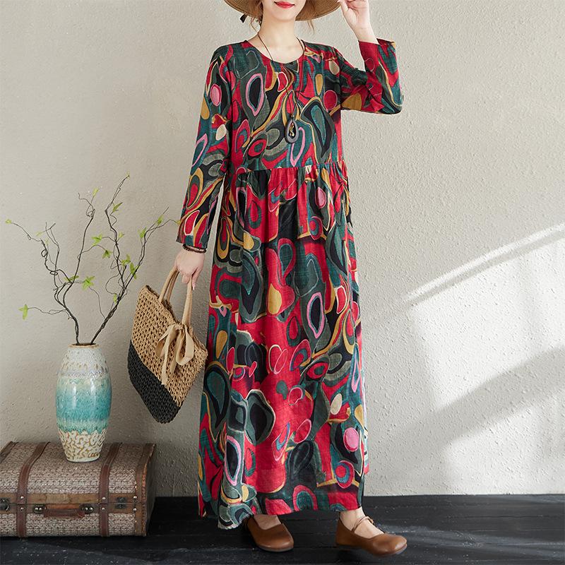 Rochie de vară cu mâneci lungi, stil floral de vacanță, stil de călătorie, guler rotund, casual, retro, cu acoperire de carne, pentru femei