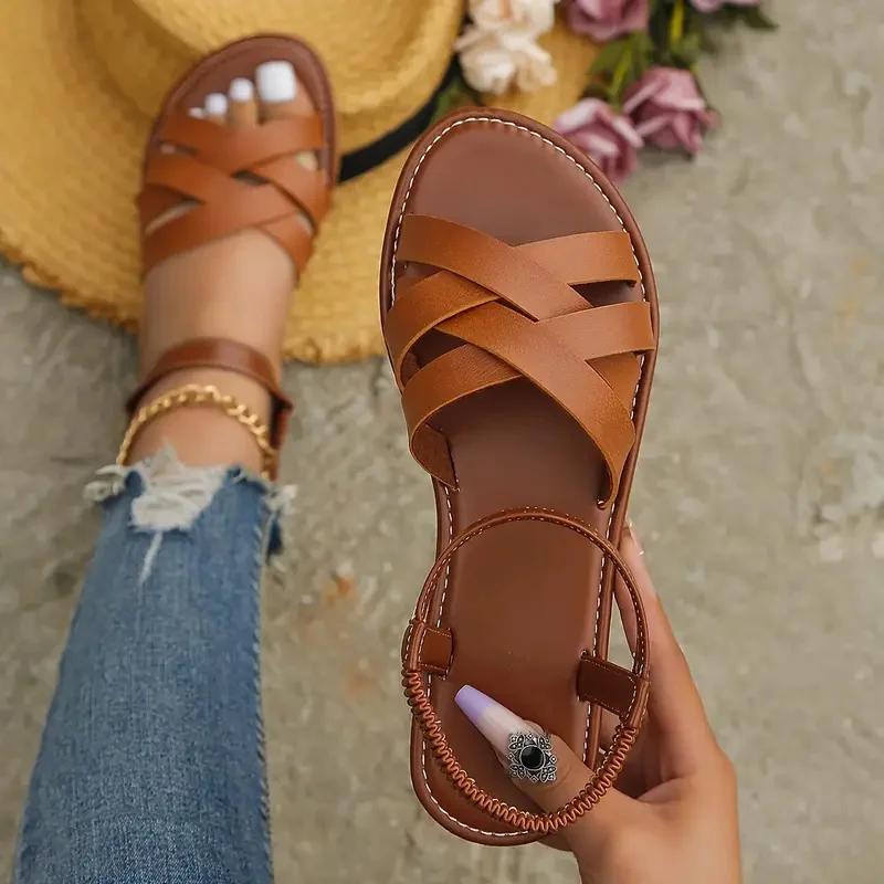 

Fashion Women Sandals 2025 New Summer Flat Bottom Shoes for Women Roman Strap Non Slip Rubber Soles Fashion Ladies Daily Sandals Women 36