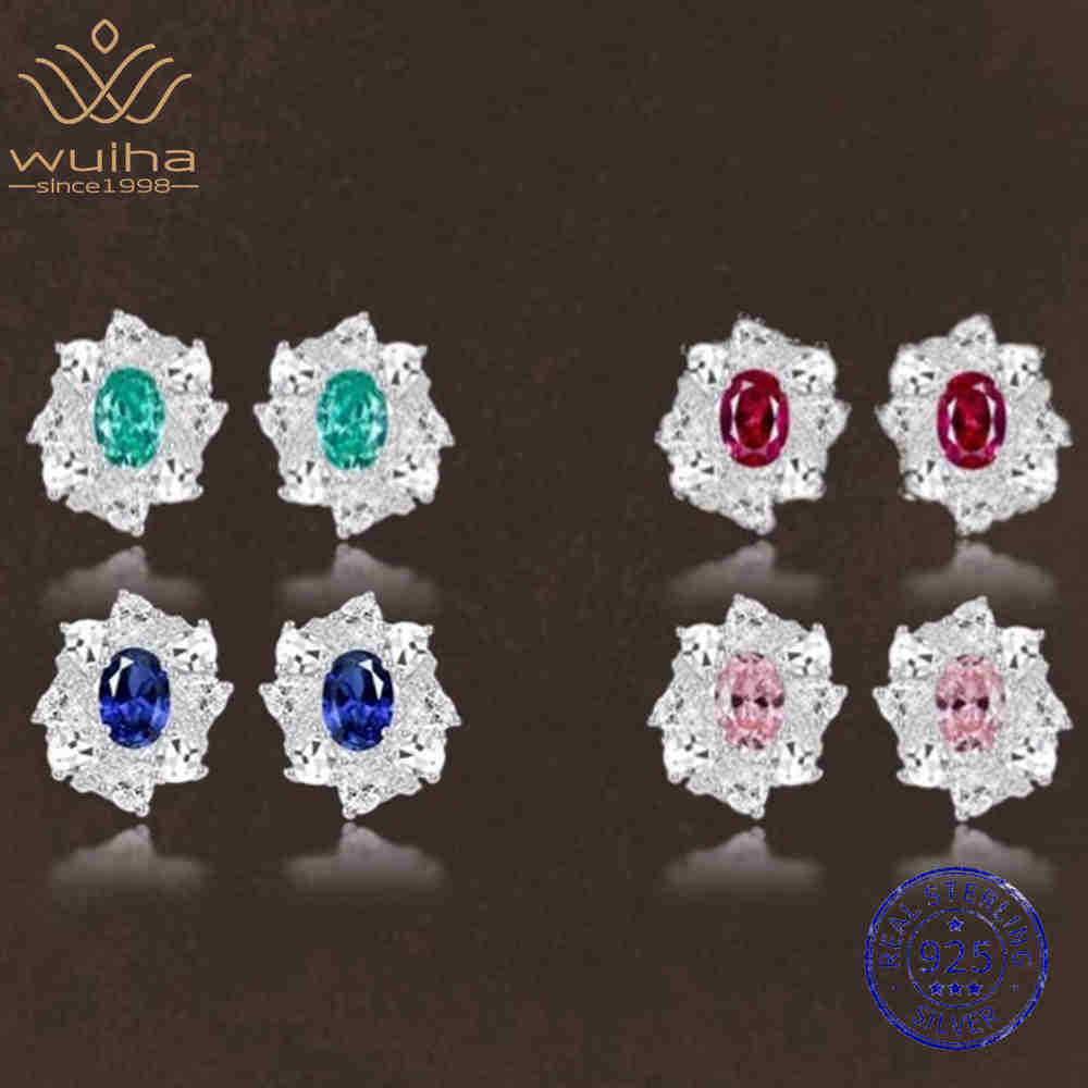 WUIHA Vintage 925 Sterling Silver 6 * 8 MM Sapphire Ruby Emerald High Carbon Diamonds Gemstone Ear Studs Earrings Fine Jewelry