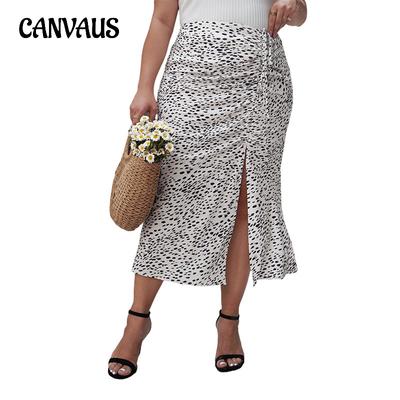 Summer Women's Plus Size Leopard Half-body Skirt Printed High Waist Stretchy Split Drawstring A-line Half-body Skirt