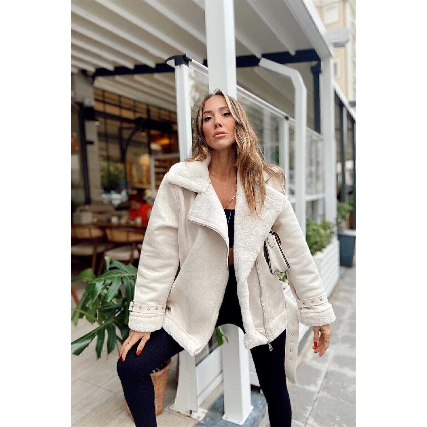 

New Season Women s Premium Zr Leather Suede Coat With Belt Detail S бежевий