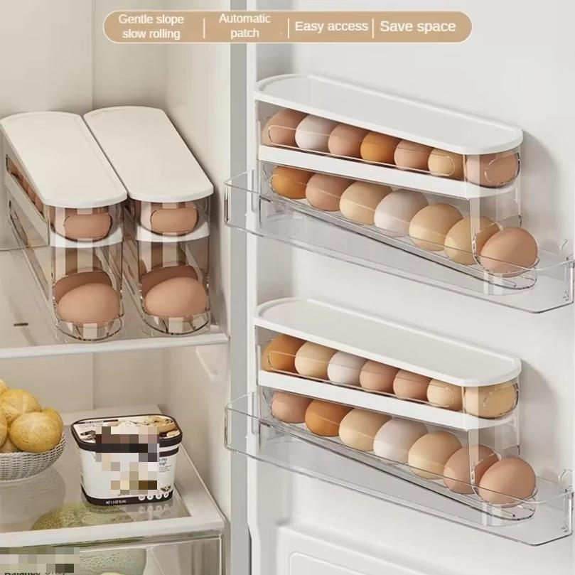 Bilayer Fridge Egg Storage Box Ladder Style Automatic Rolling Egg Holder Rack Refrigerator Dispenser Egg Organizer