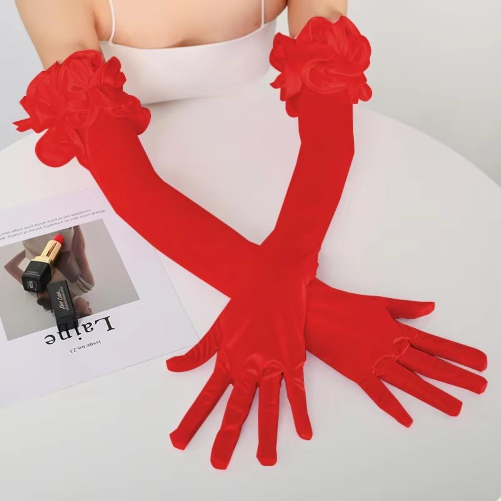55cm Lace Flower Gloves Wide Ruffle Trim Bride Wedding Gloves Elegent Bridal Gloves  Women