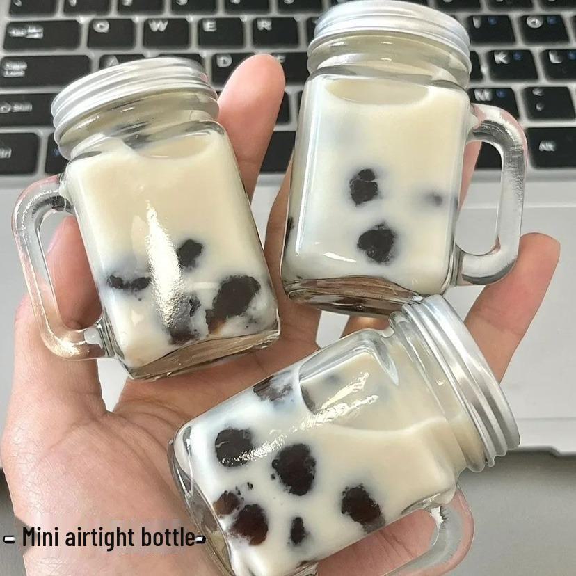 Mini Mason Glass Cup with Square Handle - Coffee Dispenser, Sealed Jar, Transparent Dessert Bowl