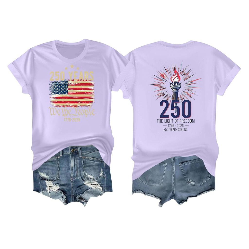 Women's Casual Independence Day 250 Anniversary Printed T-shirt Round Neck Pullover Short Sleeve Top
