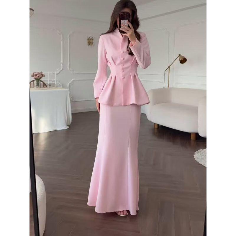 

Модный ветер Элегантность Мягкий Однотонный Топ с длинными рукавами и Юбка Элегантный Костюм-двойка Комплект из топа и юбки Pink L