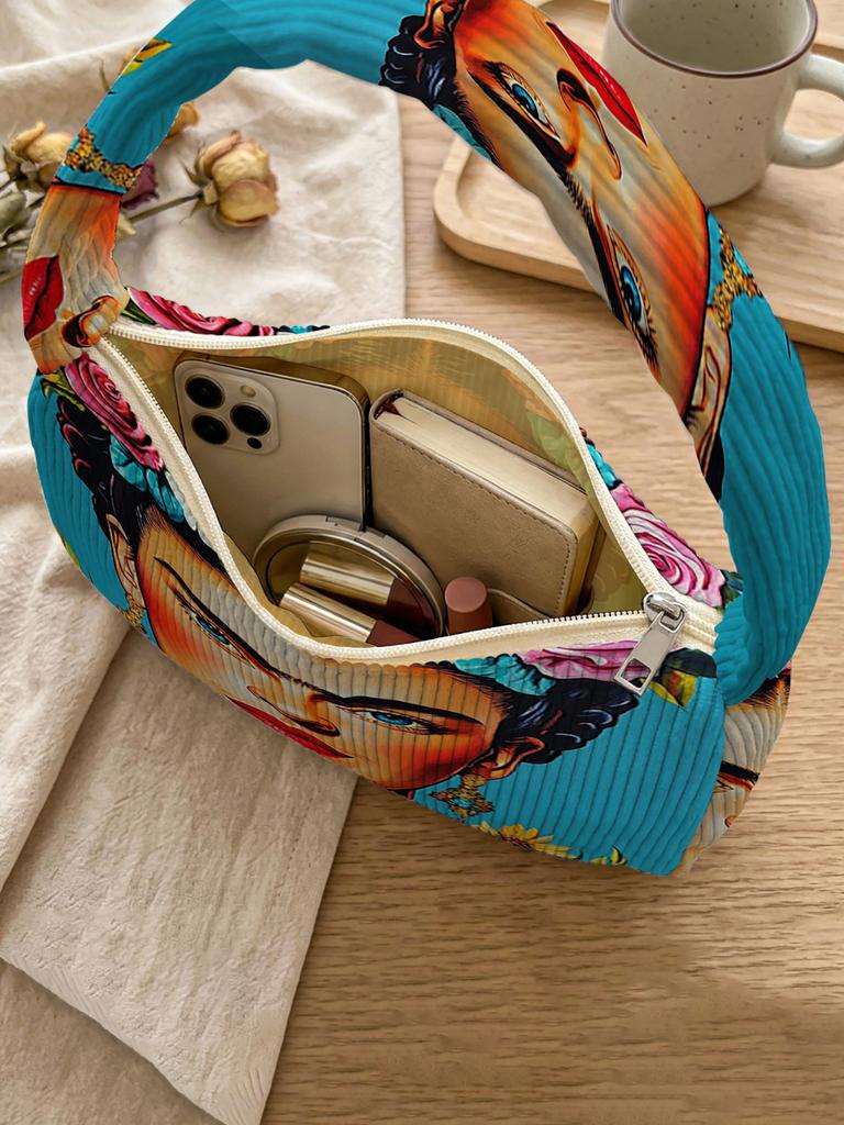 Trendy Frida Kahlo Print Shoulder Bag, Corduroy Underarm Bag for Daily Casual Use