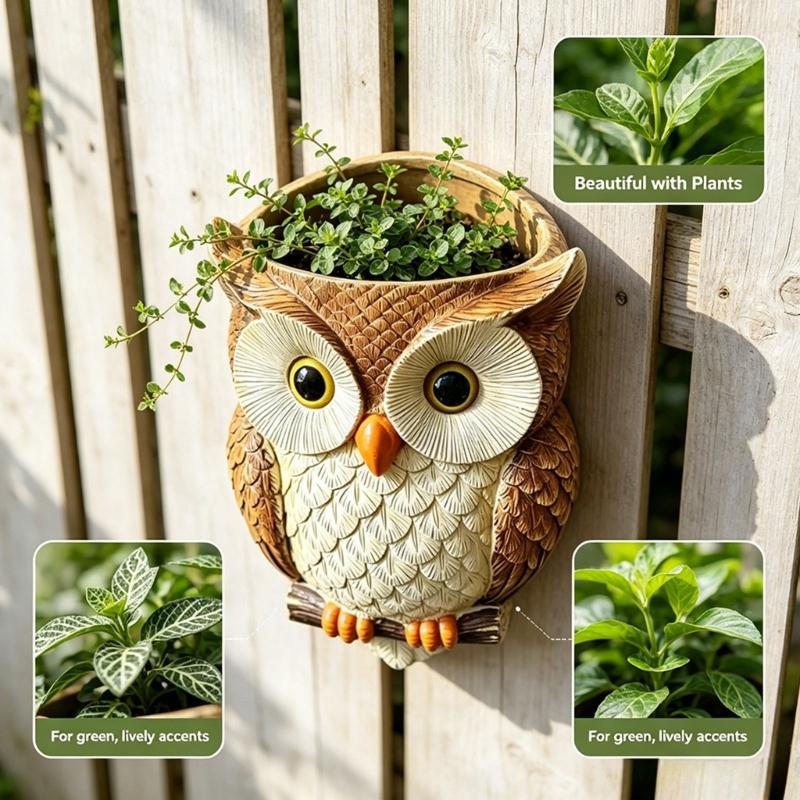 Resin Owl Hanging Wall Pot With Textured Finish and Back Hook Slot, Flower Holder for Small Plant, Balcony Wall, Entryway, and Indoor Display