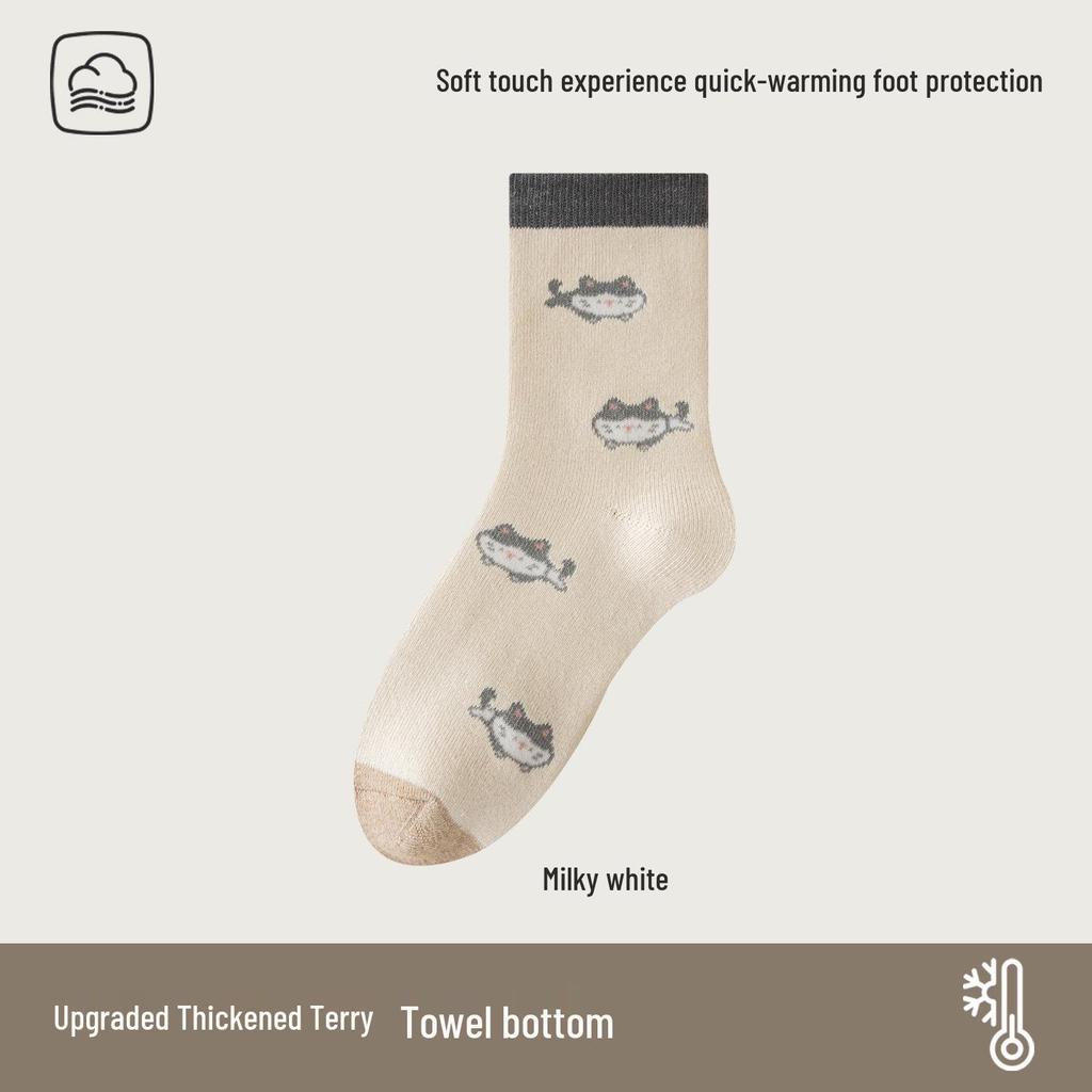 Women's Extra Thick Cat Mid-Tube Terry Socks for Autumn and Winter Warmth