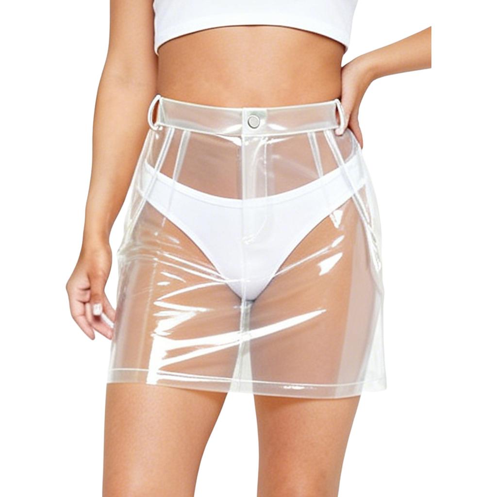 S-XXL Women Clear PVC High Waist Bodycon Mini Skirt with Side Pockets Transparent Cover Up for Swimsuit Beach Clubwear