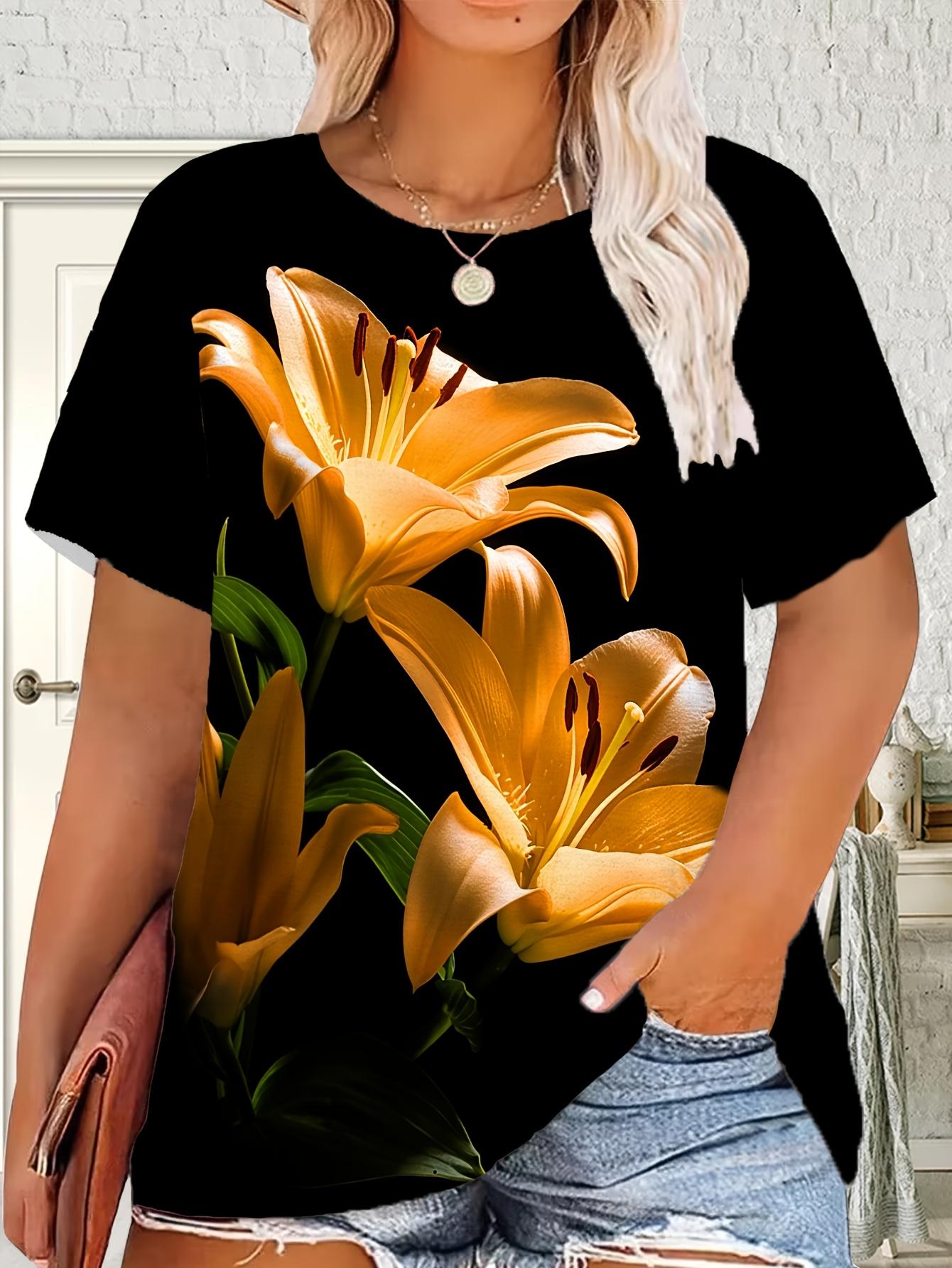 

Plus Size. Plus Size Women s T-Shirt with Realistic Yellow Lily Print on Black - Stretch Round Neck Short Sleeve Blouse-Compatible Top Machine Washab XL дубильная кора