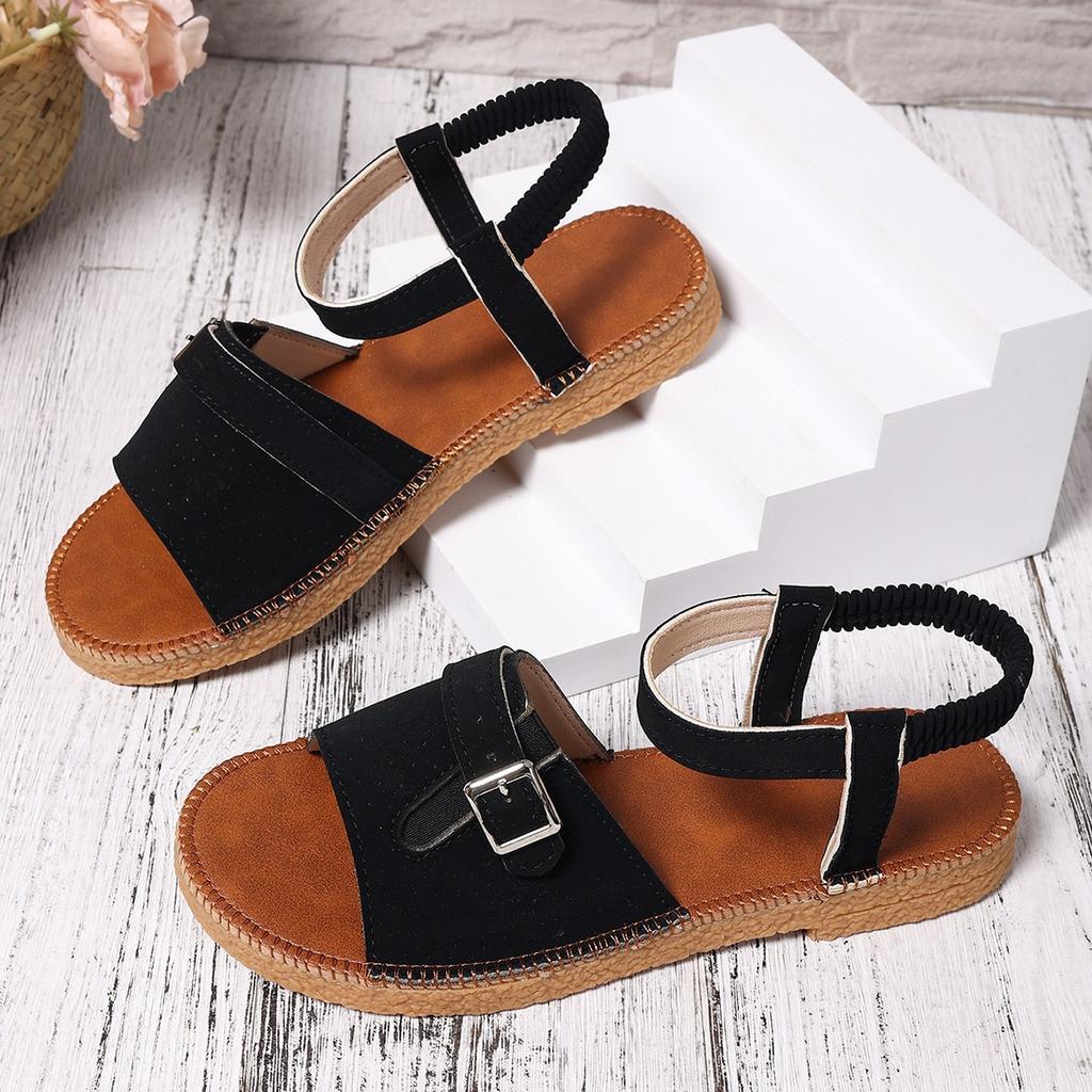 Foreign trade large size buckle flat bottom open toe casual sandals women 2025 summer elastic soft bottom beach sandals wish