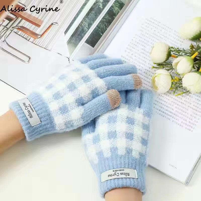 

Autumn/Winter Velvet Thick Touchscreen Plaid Knitted Gloves - Fashion Trend for Students One Size синий
