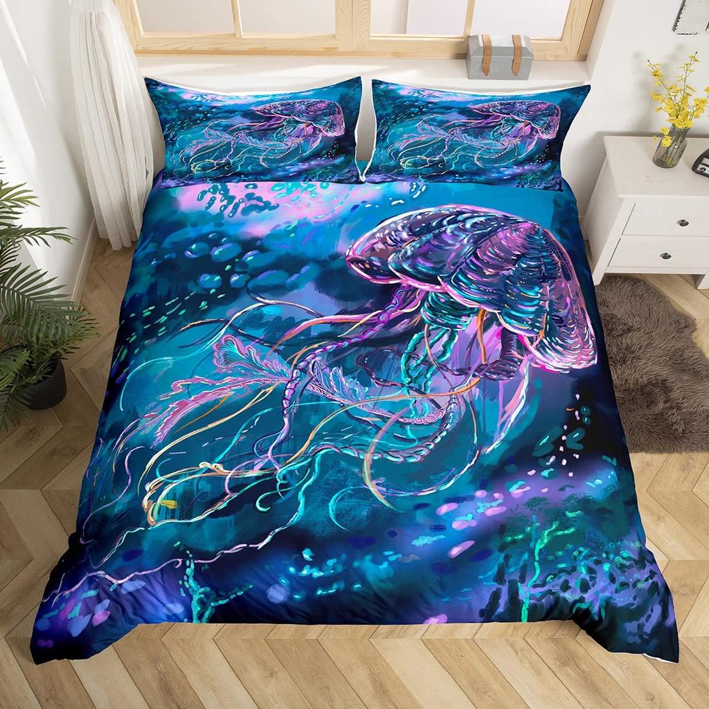 Teal Comforter Cover Set King Size Ocean Decor,Jellyfish Duvet Cover Bedding Set Ocean Bedroom Decor Quilt Cover 1 Pillowcase