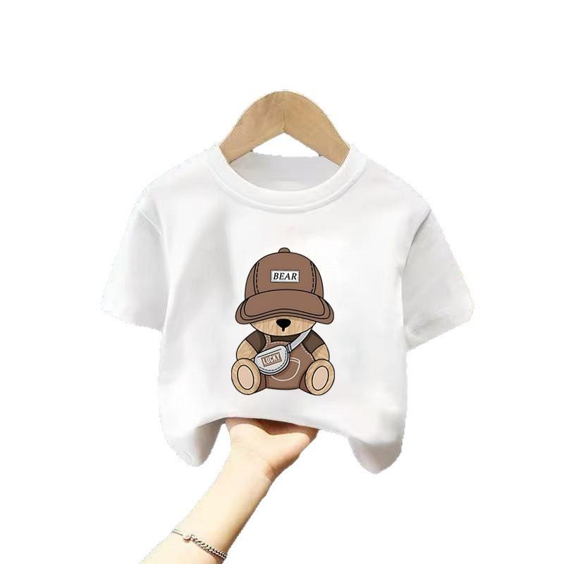 Teddy Bear Cartoon Printed Short Sleeve Boys and Girls Summer Casual Polyester Comfortable Top