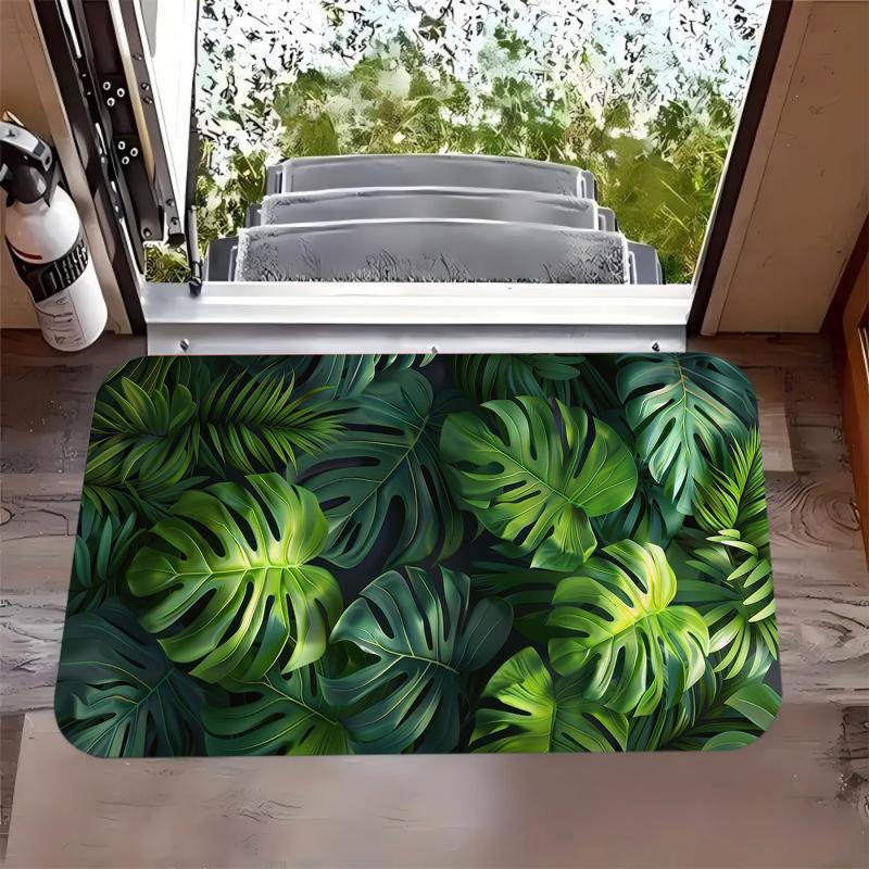 2D Green Leaf Welcome Mat Tropical Monstera Leaf Doormat Suitable Kitchen Living Room Indoor Outdoor Entrance Home Decoration
