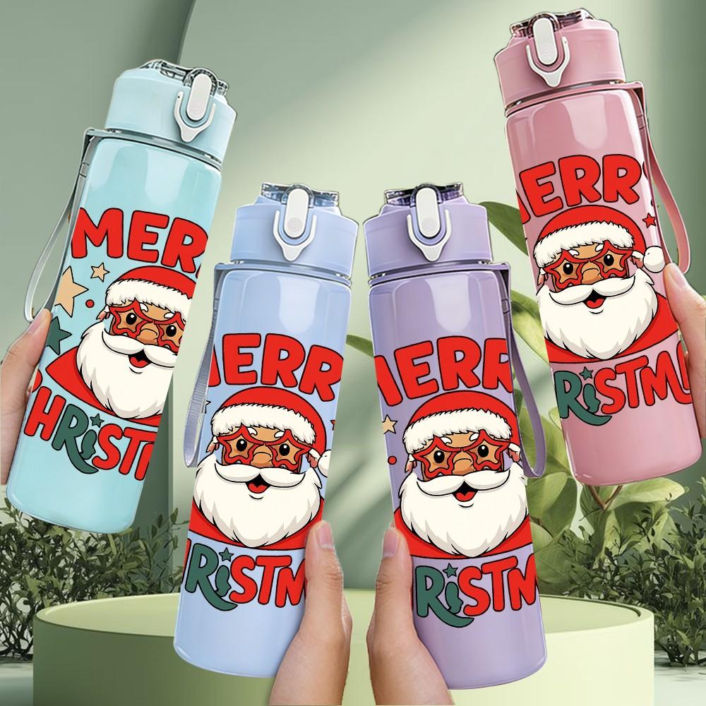 1PC Vintage Merry Christmas Santa 750ml Color Plastic Sports Water Bottle Leakproof Flip Straw Lid Suitable for Sports Office Home Use