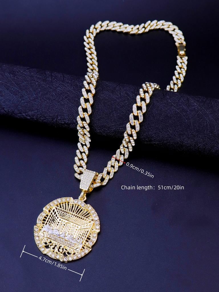 1 Piece 14K Gold Plated Hip Hop Punk Style Round Medallion Last Supper Pendant with Cuban Chain Cross Charm with Figaro Style