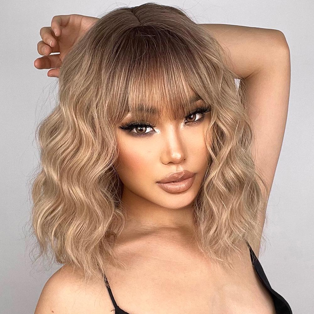 MISS WIG Short Bob Wavy Synthetic Wig For Women With Bangs Blonde Ombre Medium Wig Heat Resistant Fiber Hair Party Cosplay