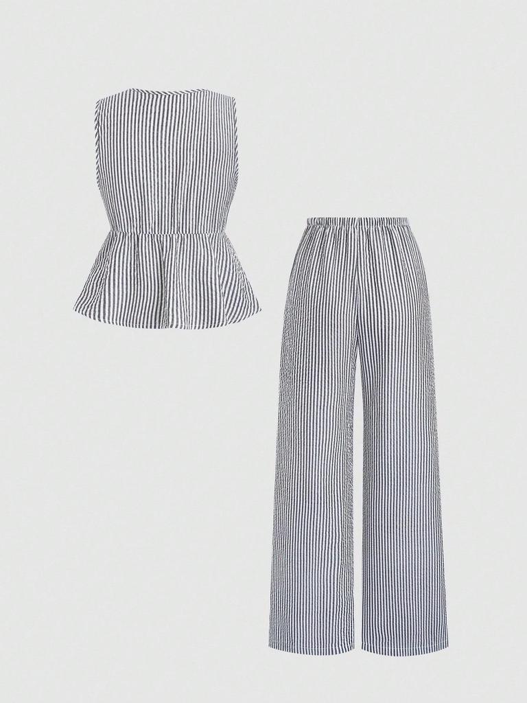 Ensemble décontracté d'été rayé avec gilet à lacets et pantalon ample
