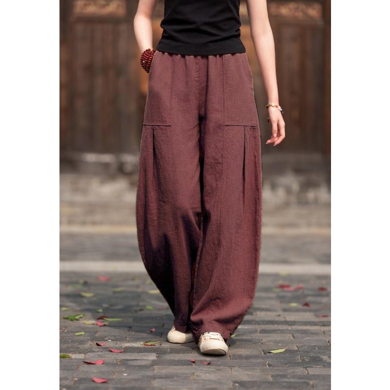 Women Elastic Waist Linen Harem Pants Pleated Pocket Loose Wide Leg Balloon Trousers Boho Casual Summer Long Pants