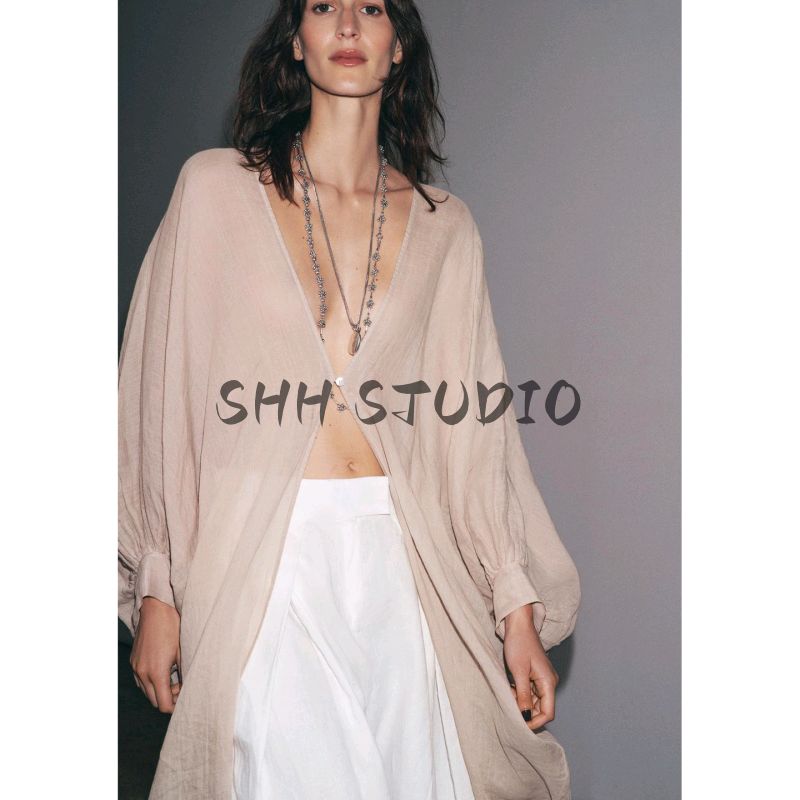 Summer New Product Women's Clothes French Asymmetric Hem Ramie Blended V Neck Long Sleeves Long Shirt 4043245