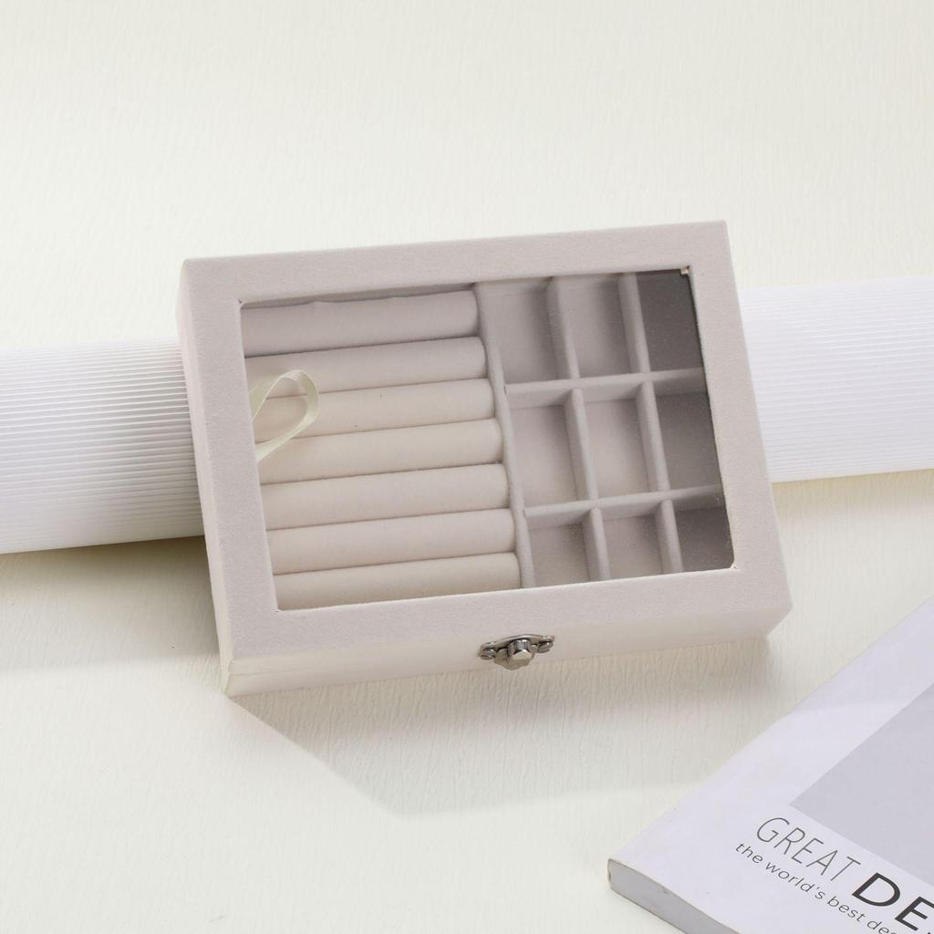 Elegant Flocked Jewelry Storage Box with Earring, Stud & Dangle Compartments - Dustproof, Portable & Transparent Ring Organizer