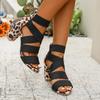 Leopard Sandals Fashion Round Toe Open Toe Open Toe Rear Zipper Non-Slip Wear-Resistant Block Heel Shoes