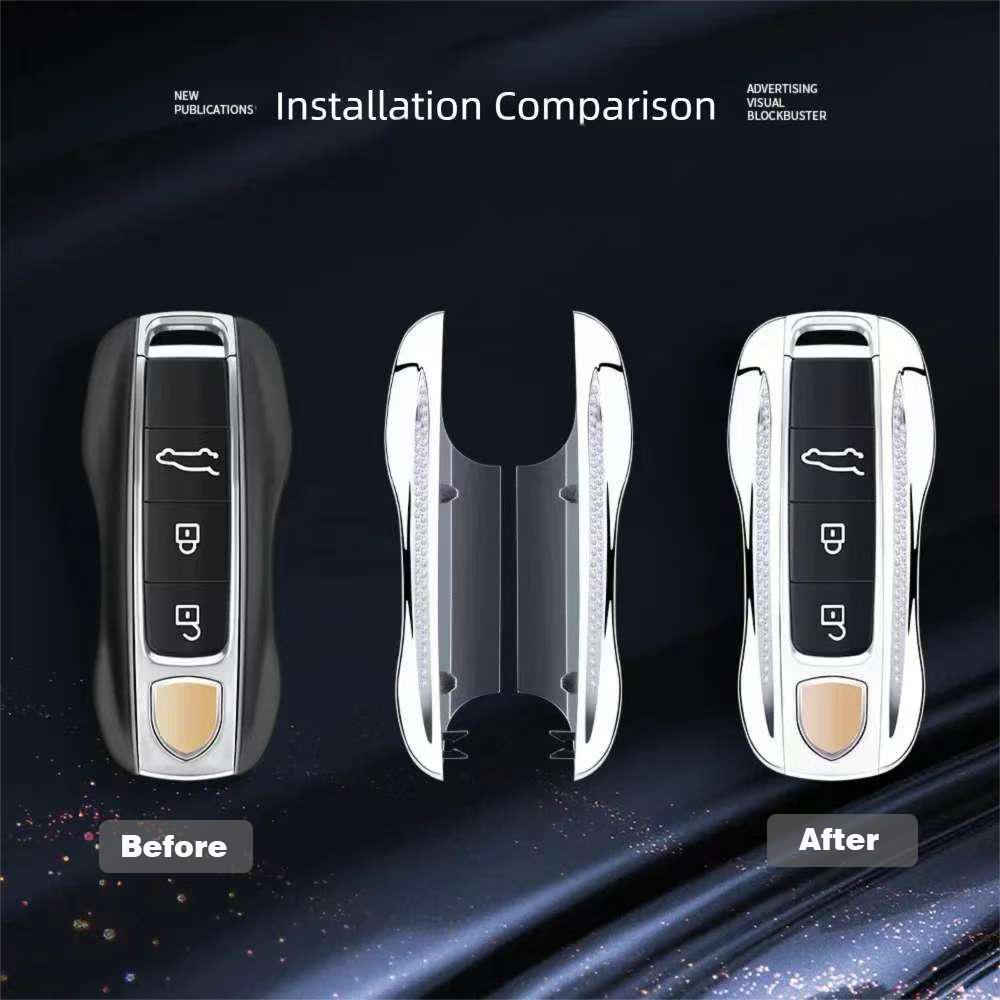 Diamond Metal Material Key Case For Porsche Cayenne Panamera Macan Cayman 718 911 Taycan Gloss Chrome Key Shell Car Key Case