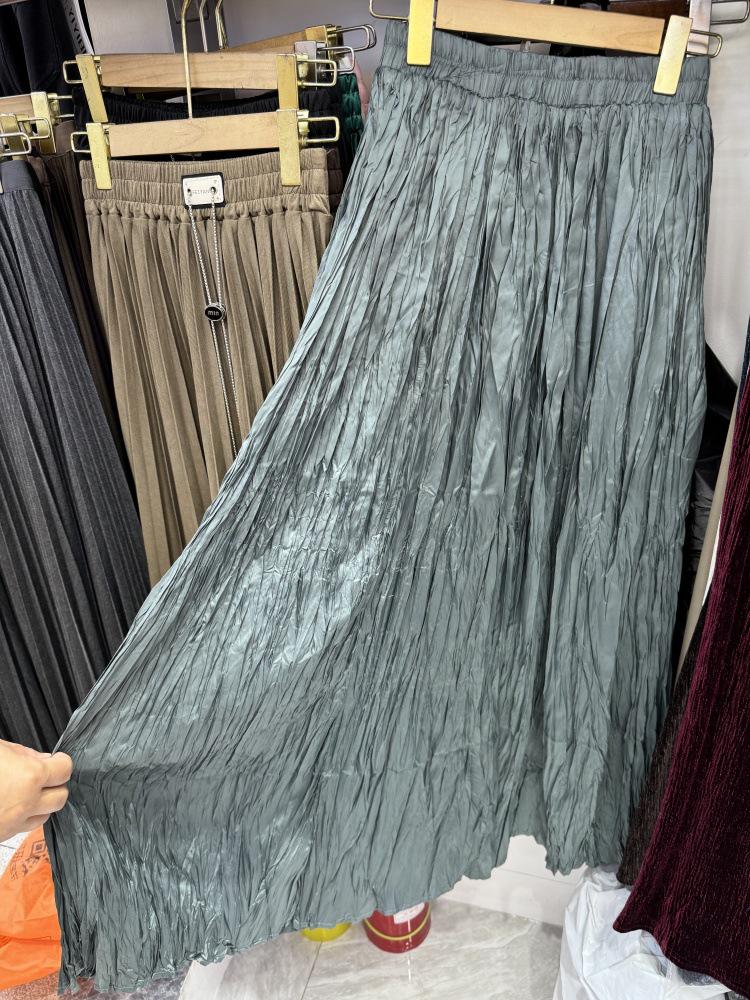 Women's 2026 Spring Textured Pleated Skirt - High Waist, Large Hem, Long Length, Simple Style