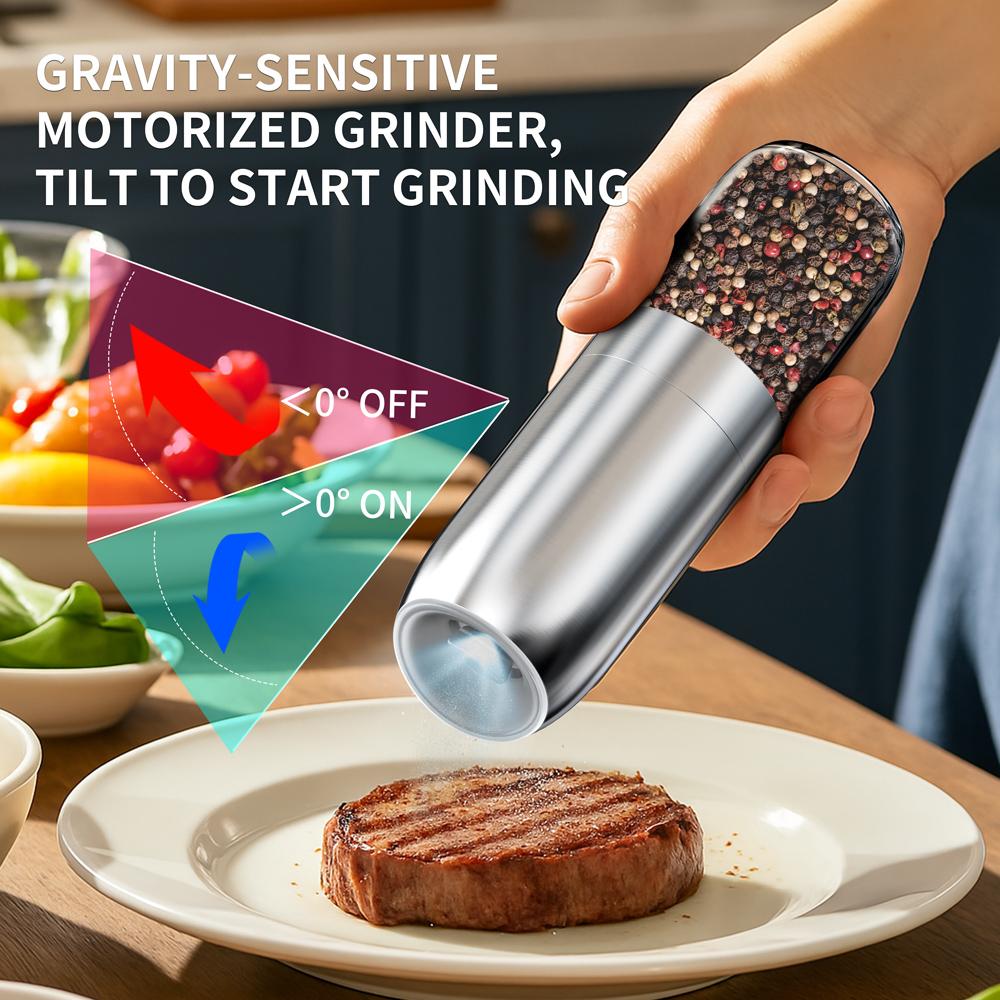 New Upgraded Larger Capacity Electric Salt and Pepper Grinder Set 176ml Stainless Steels Automatic Pepper Mill with LED light