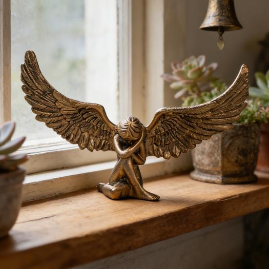 Carving Sitting Angel Figurine European Winged Girl Statue Resin Sculpture Home Office Bookshelf