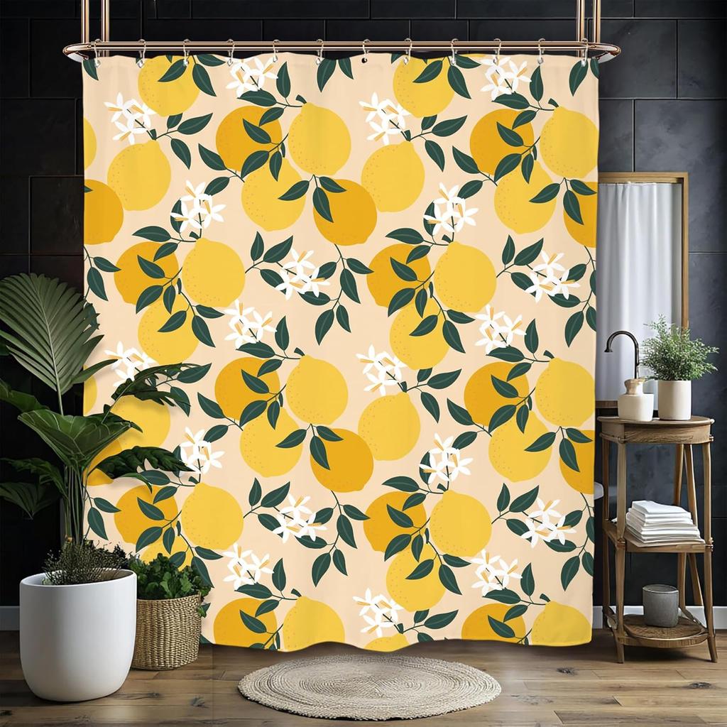Miyotaa Lemon Fruit Shower Curtain Set 60Wx71H Inches Cute Yellow Plant Leaves Fresh Polyester Waterproof Cloth Bathroom Curtain
