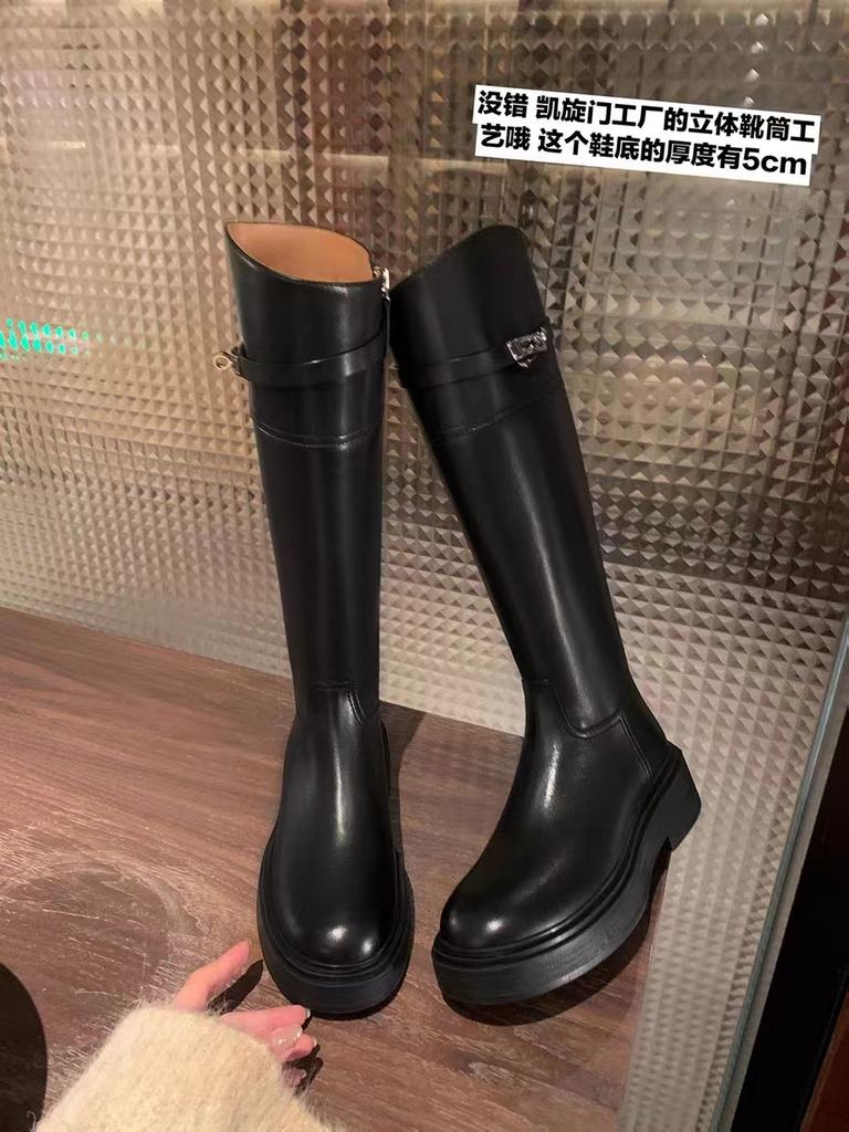Grape Mother Has the Same Style and Likes the Quality~ Round Head Color Matching Lock Thick Heel Medium and High Boots Knight Boots Women's Genuine Le